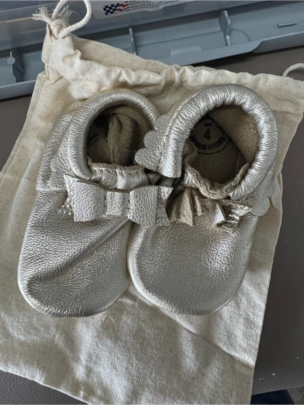 Freshly Picked Metallic Gold Baby Bow Moccasin size 4